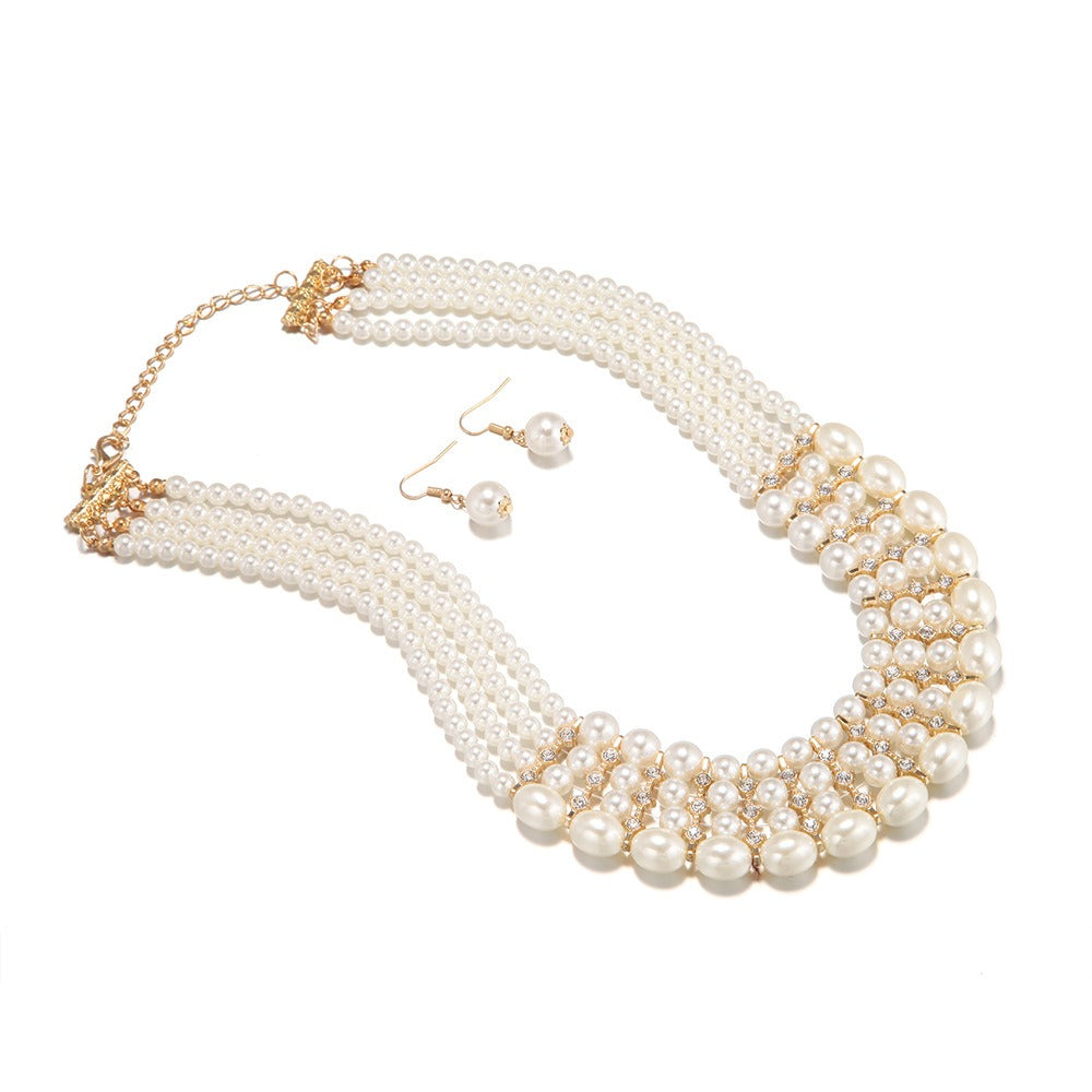 Imitation Pearl Necklace Set Multi layer Bead Necklace Ear Jewelry