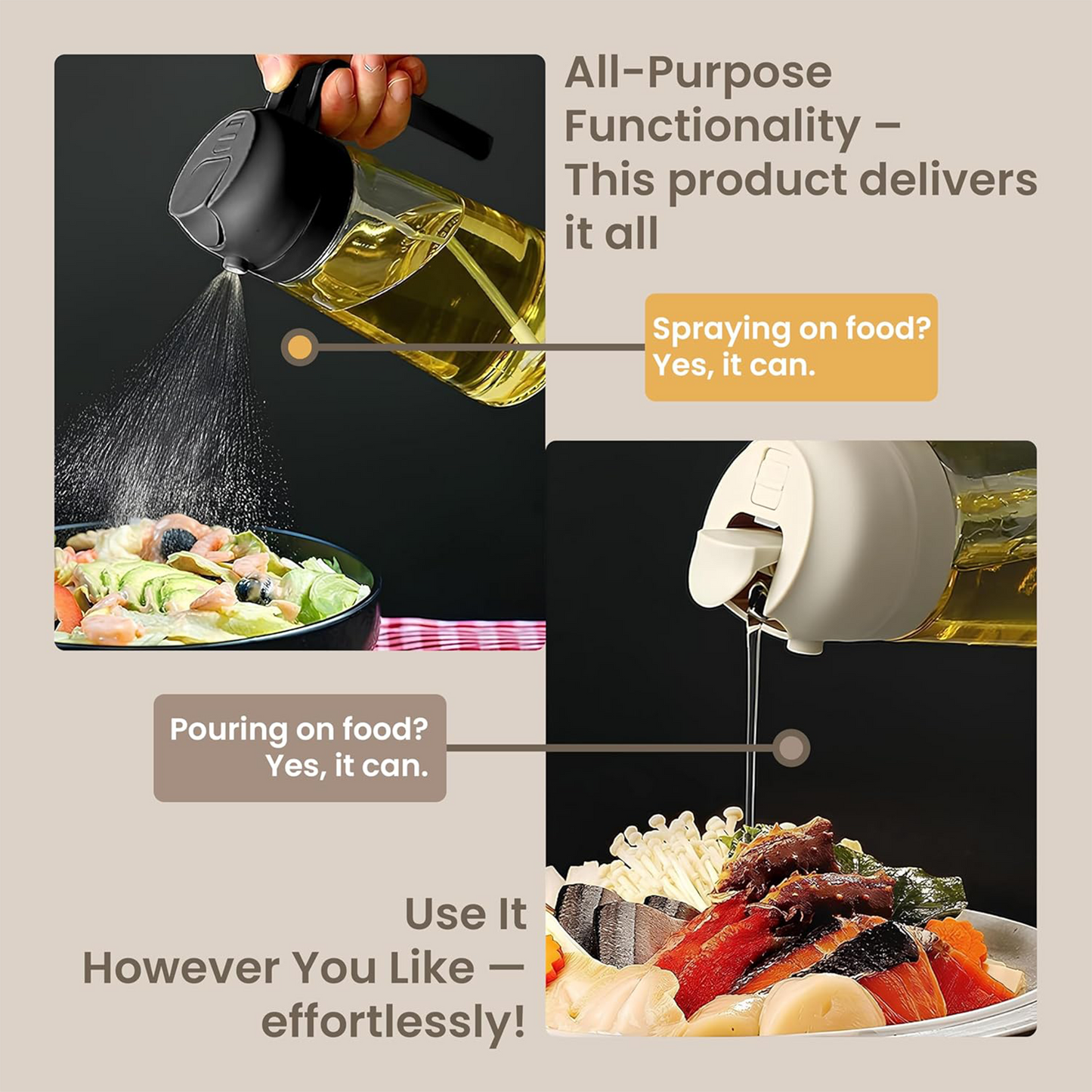 2-in-1 Oil Dispenser & Sprayer - 16oz Glass Bottle with Fine Mist Spray for Olive Oil, Soy Sauce, Vinegar, Air Fryers, Grilling, Roasting, Salads, Baking & More (Non-Aerosol, Healthy Cooking Tool)