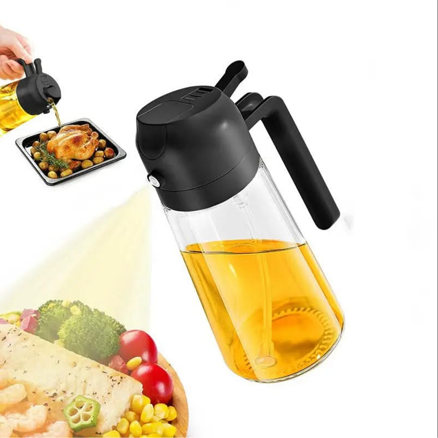 2-in-1 Oil Dispenser & Sprayer - 16oz Glass Bottle with Fine Mist Spray for Olive Oil, Soy Sauce, Vinegar, Air Fryers, Grilling, Roasting, Salads, Baking & More (Non-Aerosol, Healthy Cooking Tool)