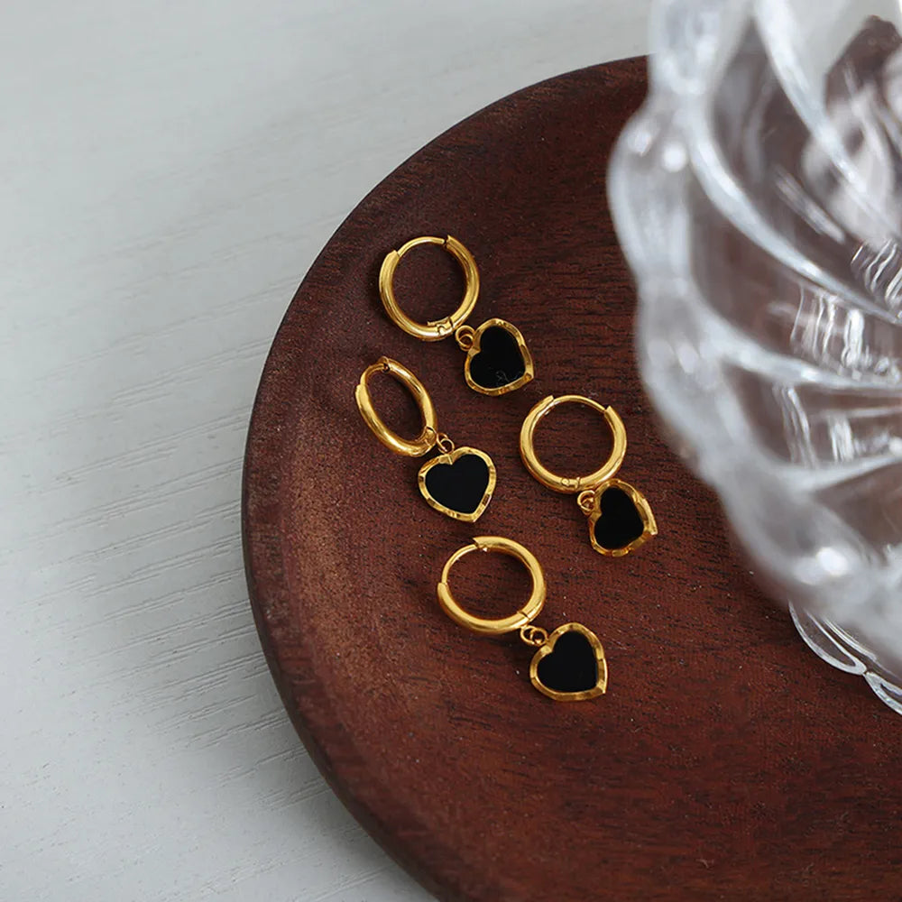 Chic Black Heart-Shaped Gold Earrings