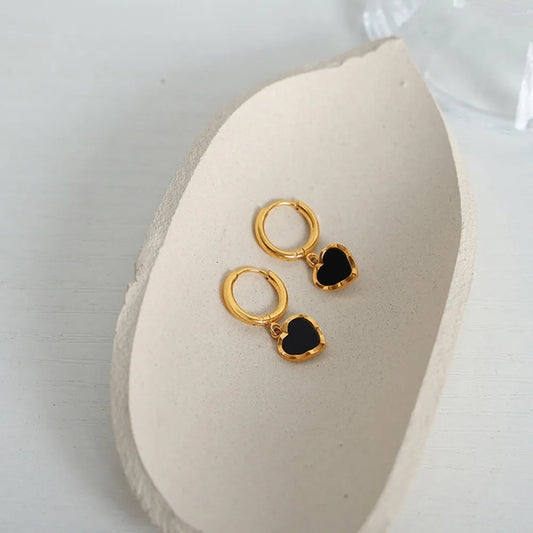 Chic Black Heart-Shaped Gold Earrings